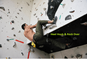 Heel hook climbing, rockover, climbing wall, core strength