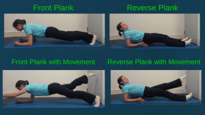 Plank, reverse plank, leg movement, arm movement for core strength, core stability, rehabiliation for rock climbing, cycling and climbing